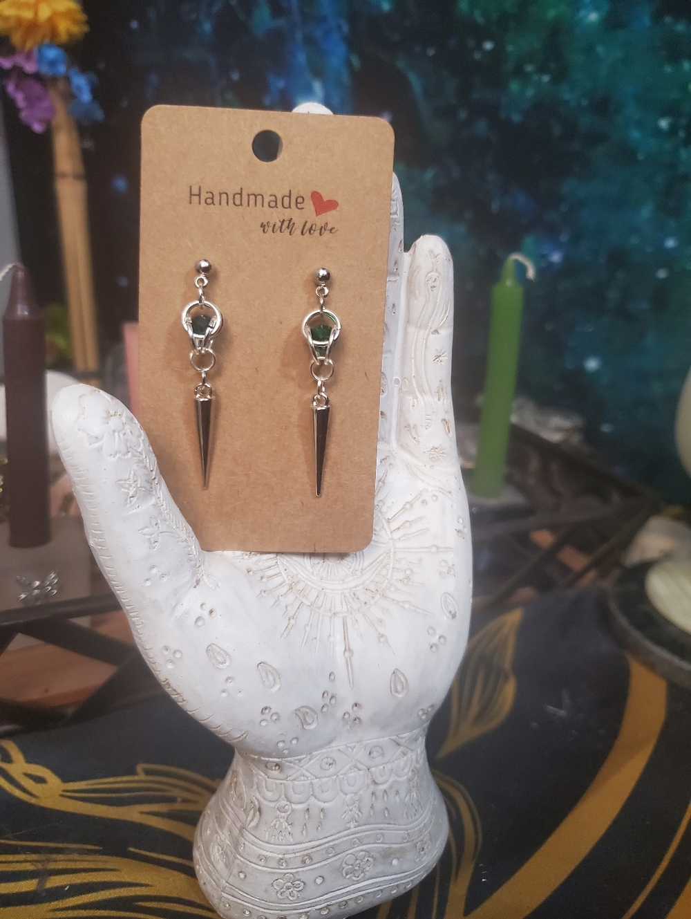 Handmade Silver and Green Chainmail Weave Spike Drop Hypoallergenic Earrings